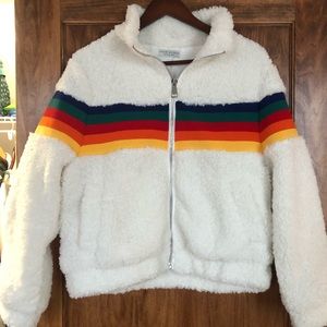 Paper crane Faux shearling fuzzy rainbow jacket. S